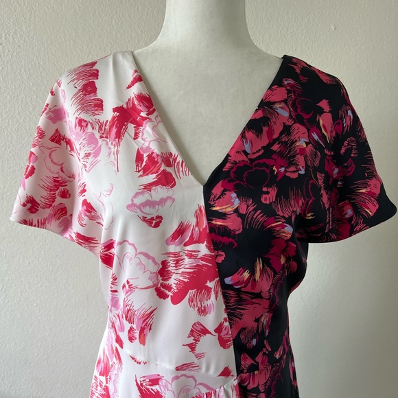 Lewit Double Print Floral 6 Silk Dress V Neck Asymmetrical Pink Black - Picture 7 of 10